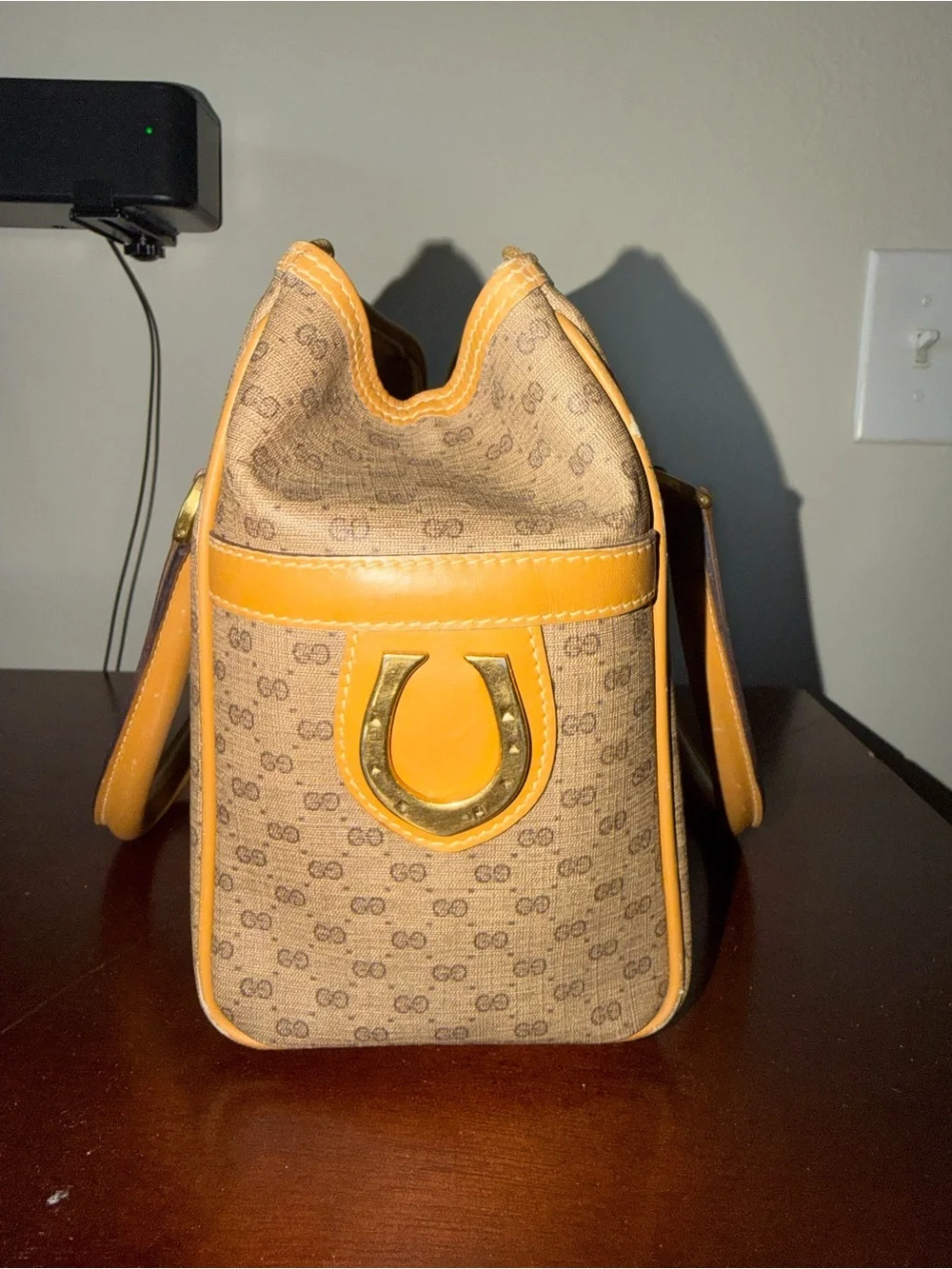 Vintage Gucci Micro GG Supreme Mini Boston Bag. Beige and gold PVC leather